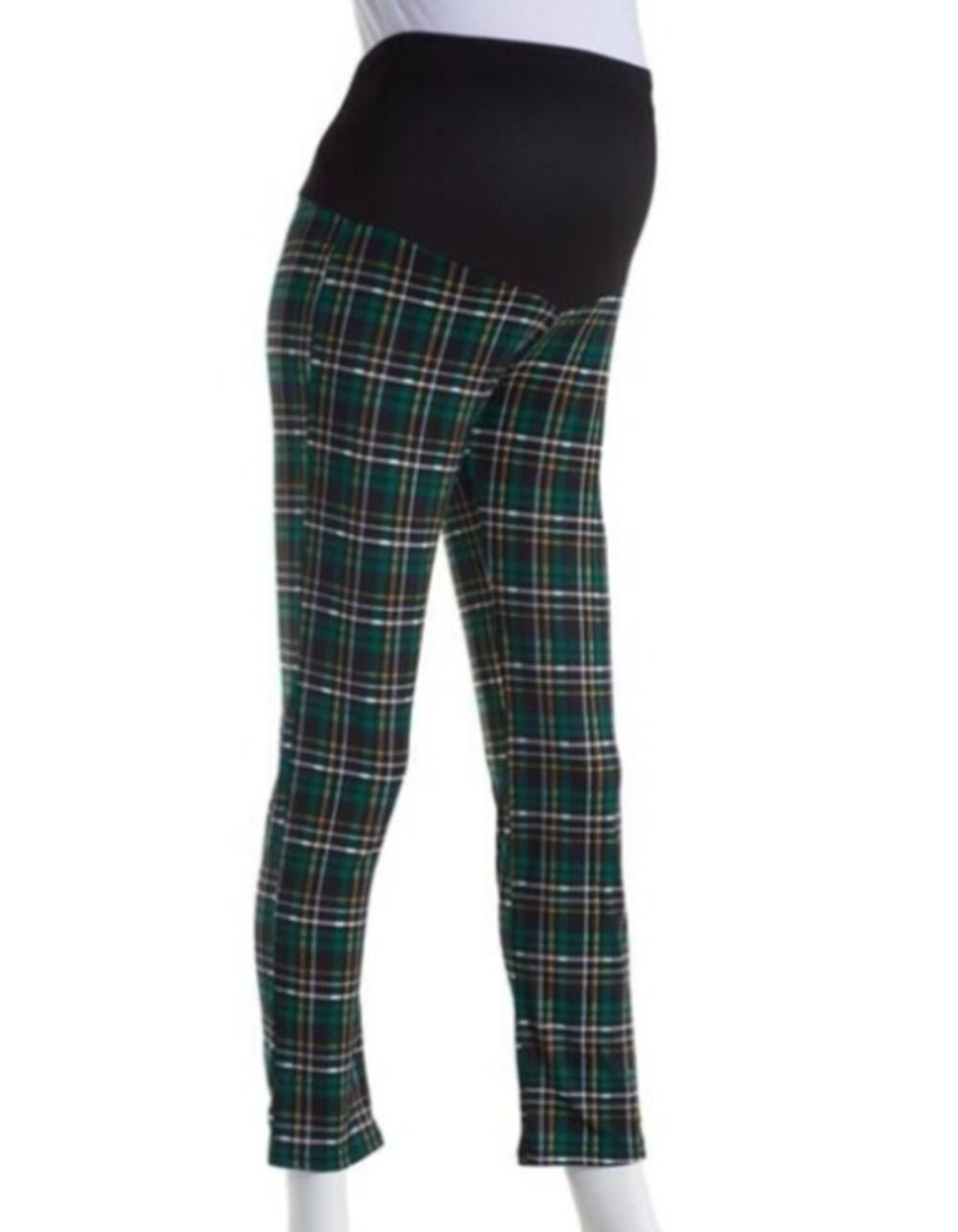 Due Time Maternity Over the Belly Elastic Waist Leggings Green Mustard Plaid